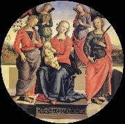 Pietro vannucci called IL perugino The Virgin and the Nino acompanados for two angeles, Holy Rose and Holy Catalina china oil painting artist